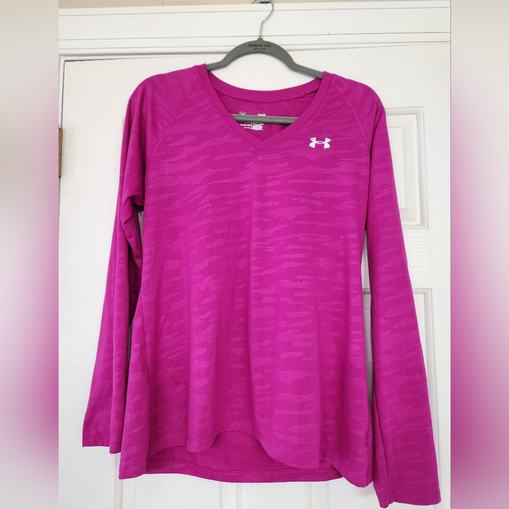 Under Armour womens size L pink zebra print camo long sleeve top- heatgear